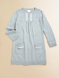 Beyond soft, this knit dress features convenient front pockets, delicate silk trim and classic ribbed knit details.Round neckLong sleevesButton placketPatch pocketsLogo detail at hemHits at knee65% viscose/27% cotton/8% silkDry cleanImported Beyond soft, this knit dress features convenient front pockets, delicate silk trim and classic ribbed knit details.Round neckLong sleevesButton placketPatch pocketsLogo detail at hemHits at knee65% viscose/27% cotton/8% silkDry cleanImported