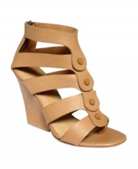 Layers of leather straps with just the right amount of lined contrast. L.A.M.B.'s Miranda wedge sandals are sexy with a walkable high heel. Layers of leather straps with just the right amount of lined contrast. L.A.M.B.'s Miranda wedge sandals are sexy with a walkable high heel.
