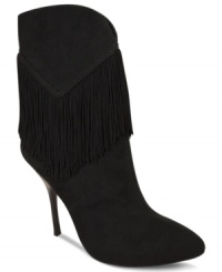A neat v-shaped fringe adds sophisticated movement to Nina's Alette booties. A neat v-shaped fringe adds sophisticated movement to Nina's Alette booties.