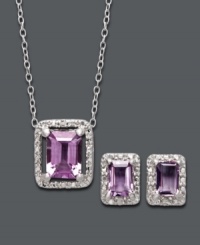 Let style and shine say it all in this majestic, matching jewelry set. Victoria Townsend pulls out all the stops with emerald-cut amethyst (2-3/4 ct. t.w.) accented by sparkling diamonds. Approximate necklace length: 18 inches. Approximate pendant drop: 1/2 inch. Approximate earring drop: 1/3 inch. Let style and shine say it all in this majestic, matching jewelry set. Victoria Townsend pulls out all the stops with emerald-cut amethyst (2-3/4 ct. t.w.) accented by sparkling diamonds. Approximate necklace length: 18 inches. Approximate pendant drop: 1/2 inch. Approximate earring drop: 1/3 inch.
