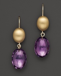 Faceted, oblong amethyst drops, set in 14K yellow gold. Faceted, oblong amethyst drops, set in 14K yellow gold.