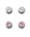 Set your sights on this stylish set that includes two pairs of sparkling crystal stud earrings from Swarovski. Designed with a bezel setting, one pair features clear Swarovski crystals, while the second comes in a pretty shade of pale pink. Made in silver tone mixed metal. Approximate drop: 3/16 inch.