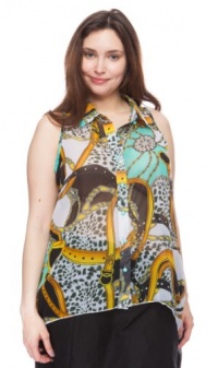 (24528XR-Aqua-1X) Classic Designs PLUS SIZE Status Print Sleeveless Button Down Georgette Tunic Top in Aqua Size: 1X (24528XR-Aqua-1X) Classic Designs PLUS SIZE Status Print Sleeveless Button Down Georgette Tunic Top in Aqua Size: 1X