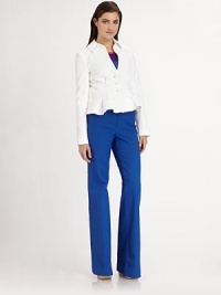 A ruffled peplum lends feminine flair to this shapely cropped topper.Point collarDefined shouldersLong sleevesBodice dartsThree-button closureRuffled peplumAbout 20 from shoulder to hem75% cotton/23% viscose/2% elastaneDry cleanMade in USA of Italian fabricModel shown is 5'8½ (174cm) wearing US size 4. A ruffled peplum lends feminine flair to this shapely cropped topper.Point collarDefined shouldersLong sleevesBodice dartsThree-button closureRuffled peplumAbout 20 from shoulder to hem75% cotton/23% viscose/2% elastaneDry cleanMade in USA of Italian fabricModel shown is 5'8½ (174cm) wearing US size 4.