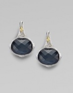 From the Contempo Collection. A lovely fusion of faceted blue quartz and hematite in a textured sterling silver setting.Blue quartz & hematite 18K gold Sterling silver Length, about ¾ Width, about ½ Post backs Imported 