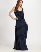 Soft, layered jersey in this season's must-have maxi silhouette, finished with tiered ruffles at the skirt.ScoopneckGathered shoulder strapsCrossover overlayWide waistbandTiered skirtAbout 64¼ from natural waistPolyesterDry cleanImported