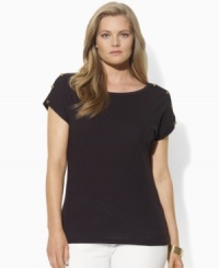 A soft slub plus size jersey tee is rendered with breezy dolman sleeves and metal crest-embossed buttons for a decidedly nautical feel, from Lauren by Ralph Lauren. (Clearance) A soft slub plus size jersey tee is rendered with breezy dolman sleeves and metal crest-embossed buttons for a decidedly nautical feel, from Lauren by Ralph Lauren. (Clearance)
