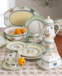 Bring the lush bounty of the French countryside to your table with this vibrant mix-and-match dinnerware and dishes collection from Villeroy & Boch. This scalloped salad plate is available in four complementary patterns. The Fleurence pattern has a pale yellow center encircled with a garland of summer fruits. The Valence pattern has a yellow rim that surrounds a painted lemon in the center. The Orange pattern features a green and yellow trellis on the rim while the Vienne pattern is white with a yellow rim that's framed by green edging and the recurring leaf garland. Bring the lush bounty of the French countryside to your table with this vibrant mix-and-match dinnerware and dishes collection from Villeroy & Boch. This scalloped salad plate is available in four complementary patterns. The Fleurence pattern has a pale yellow center encircled with a garland of summer fruits. The Valence pattern has a yellow rim that surrounds a painted lemon in the center. The Orange pattern features a green and yellow trellis on the rim while the Vienne pattern is white with a yellow rim that's framed by green edging and the recurring leaf garland.