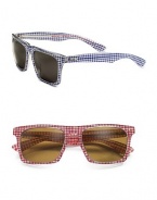 The classic look is updated with a unique touch: gingham-checked fabric inlaid across the acetate frames. 100% UV protective Imported