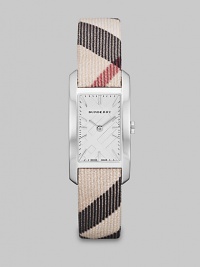 A true signature design with a check etched dial and a check strap. Quartz movementWater resistant to 3 ATMRectangular stainless steel case, 20mm (0.8) X 26mm (1)Smooth bezelSilver check stamped dialBar hour markersNova check strapMade in Switzerland A true signature design with a check etched dial and a check strap. Quartz movementWater resistant to 3 ATMRectangular stainless steel case, 20mm (0.8) X 26mm (1)Smooth bezelSilver check stamped dialBar hour markersNova check strapMade in Switzerland