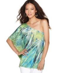 A colorful peacock feather print updates a sophisticated one-shouldered top from Style&co. Stretch jersey fabric ensures a smooth, chic look. A colorful peacock feather print updates a sophisticated one-shouldered top from Style&co. Stretch jersey fabric ensures a smooth, chic look.