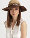 An exotic pheasant feather band adds flair to this straw design.90% toyo paper/10% cottonPheasant feather bandBrim, about 3Hand washMade in USA of imported fabric