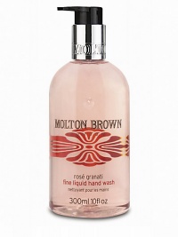 Immerse yourself in the mood of Marrakesh with this warmly spiced hand wash. Moroccan rosé granati pomegranate blends with essential oils of ginger, black pepper and cardamom. Cleanses and protects skin Indulgent experience leaves hands pampered Surrounds hands with a shimmering aroma 10 oz.