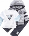 Trendy hoodie, mock layered tee, and stylish pant is included in this versatile 3 piece set by Guess.