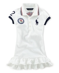 A preppy cap-sleeved polo shirt in breathable stretch cotton mesh is accented with London embroidery and a US Olympic Team embroidered emblem, celebrating Team USA's participation in the 2012 Olympics.Ribbed polo collar with contrast stripes. A preppy cap-sleeved polo shirt in breathable stretch cotton mesh is accented with London embroidery and a US Olympic Team embroidered emblem, celebrating Team USA's participation in the 2012 Olympics.Ribbed polo collar with contrast stripes.