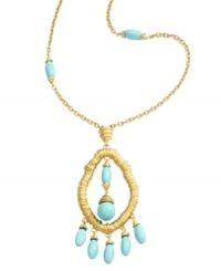 Infuse your look with a little Moroccan inspiration. T Tahari's exotic pendant from the Marrakesh Collection highlights a unique, cut-out wrapped pendant with bright turquoise resin beading. Crafted in warm gold tone mixed metal. Base metal is nickel-free for sensitive skin. Approximate length: 32 inches. Approximate drop: 3-1/2 inches.