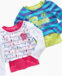 Flexible fashion. She can choose her favorite graphics and stretch her style rotation with a colorful cropped layered tee from So Jenni. Flexible fashion. She can choose her favorite graphics and stretch her style rotation with a colorful cropped layered tee from So Jenni.