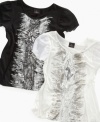 Lightweight chiffon sleeves on this sequin shirt from Baby Phat give her look a sweet, breezy style.