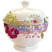 Millefleurs was inspired by flowers in a European garden as well as antique tableware. Its delicate renderings of pansies, roses, and thistles are blended with a vintage border in a contemporary color palette. Sophisticated, yet fresh and youthful. Dishwasher and microwave safe (for reheating only).