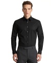 Slight stretch long sleeve sport shirt. Slim-fitting, great layering piece. Barrel cuffs and spread collar. Back yoke with two pleats.