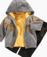 Keep him warm and looking trendy in this super adorable 3 piece hoodie, shirt, and pant set by First Impressions.