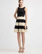 Unmistakably charming, this solid, sleeveless top is complemented by classic bust darts. The pleated, striped skirt offers a universally flattering silhouette.Round neckSleevelessBust dartsFull, pleated skirtBow belt includedAbout 38 from shoulder to hem97% cotton/3% Lycra®Dry cleanImported Model shown is 5'11 (180cm) wearing US size 4. 
