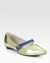 Glazed metallic patent leather flat with a contrasting leather Mary Jane strap and unexpected point toe. Patent leather and leather upperLeather lining and solePadded insoleMade in ItalyOUR FIT MODEL RECOMMENDS ordering one size up as this style runs small. 