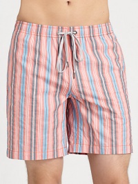Be ready to hit the beach and beyond in these crisp, striped swim trunks, set in quick-drying nylon.Drawstring waistZip flySide slash, back welt pocketsFully linedInseam, about 766% cotton/34% nylonMachine washImported