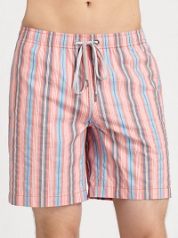 Be ready to hit the beach and beyond in these crisp, striped swim trunks, set in quick-drying nylon.Drawstring waistZip flySide slash, back welt pocketsFully linedInseam, about 766% cotton/34% nylonMachine washImported Be ready to hit the beach and beyond in these crisp, striped swim trunks, set in quick-drying nylon.Drawstring waistZip flySide slash, back welt pocketsFully linedInseam, about 766% cotton/34% nylonMachine washImported