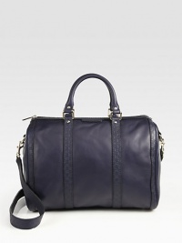 EXCLUSIVELY AT SAKS in NAVY. Leather top-handle design finished with signature GG Guccissima leather trim. Double top handles, 3½ dropAdjustable detachable shoulder strap, 18½-20 dropTop zip closureProtective metal feetOne inside zip pocketTwo inside open pocketsNatural cotton linen lining13W X 8½H X 7DMade in Italy EXCLUSIVELY AT SAKS in NAVY. Leather top-handle design finished with signature GG Guccissima leather trim. Double top handles, 3½ dropAdjustable detachable shoulder strap, 18½-20 dropTop zip closureProtective metal feetOne inside zip pocketTwo inside open pocketsNatural cotton linen lining13W X 8½H X 7DMade in Italy