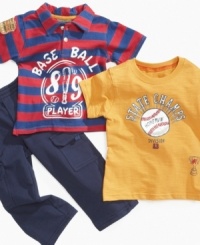 Gear him up for anything that's thrown his way in this sporty 3-piece t-shirt, polo shirt and pant set from Nannette. Gear him up for anything that's thrown his way in this sporty 3-piece t-shirt, polo shirt and pant set from Nannette.