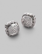 A striking square of textured sterling silver, richly set with a center of pavé diamonds with accents of 18k white gold. Diamonds 0.34 tcw Sterling silver and 18k white gold About ½ square Post back Imported