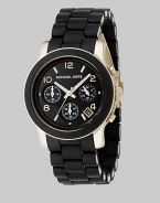 A new take on a traditional design, this gold IP stainless steel bracelet is wrapped in contrast polyurethane. Chronograph movement Water resistant to 100 meters Round case, 38mm Black glossy dial with Arabic numerals and stick indexes Date display between 4 and 5 o'clock Second hand Stainless steel link bracelet wrapped in polyurethane Bracelet width, about 20mm, .79 Imported