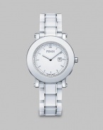 From the Fendi Ceramic Collection. A sleek ceramic design accented with a dazzling diamond dial and an useful date-function. Swiss quartz movementWater resistant to 5 ATMRound ceramic and stainless steel case, 38mm (1.5) Smooth white ceramic bezelDiamond accented white dial, .25 tcwBar hour markersDate display at 3 o'clockWhite ceramic and stainless steel link bracelet, 18mm wide (0.7)Made in Switzerland 