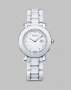 From the Fendi Ceramic Collection. A sleek ceramic design accented with a dazzling diamond dial and an useful date-function. Swiss quartz movementWater resistant to 5 ATMRound ceramic and stainless steel case, 38mm (1.5) Smooth white ceramic bezelDiamond accented white dial, .25 tcwBar hour markersDate display at 3 o'clockWhite ceramic and stainless steel link bracelet, 18mm wide (0.7)Made in Switzerland 