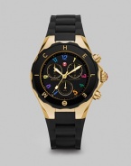 From the Tahitian Jelly Bean Collection. A sporty timepiece with goldtone stainless steel accents, enamel dial and silicone strap. Swiss quartz movementWater resistant to 5 ATMRound goldtone stainless steel case, 40mm (1.5)Logo bezelSunray chronograph dialNumeric hour markersSecond hand Black silicone strapImported