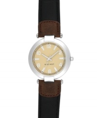 Basic and crisp modern styling give this Nine West watch lasting appeal. Crafted of brown leather strap and round silver tone mixed metal case. Natural dial features silver tone hour and minute hands, sweeping second hand, applied numerals and stick indices, minute track and logo at six o'clock. Quartz movement. Limited lifetime warranty. Basic and crisp modern styling give this Nine West watch lasting appeal. Crafted of brown leather strap and round silver tone mixed metal case. Natural dial features silver tone hour and minute hands, sweeping second hand, applied numerals and stick indices, minute track and logo at six o'clock. Quartz movement. Limited lifetime warranty.