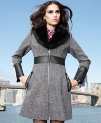 A mix of ladylike tweed and sleek faux leather, GUESS' coat makes a stylish top layer. Wear it with or without the luxurious faux fur collar. A mix of ladylike tweed and sleek faux leather, GUESS' coat makes a stylish top layer. Wear it with or without the luxurious faux fur collar.