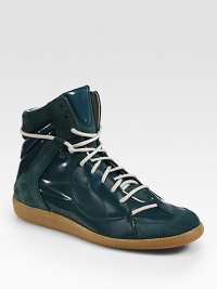 Never have mixed emotions about your weekend look when running around town in these sporty high-tops, featuring panels of coated leather and suede and contrasting sole and laces that exudes downtown, city-cool.Suede/leather upperLeather liningPadded insoleRubber soleMade in Italy Never have mixed emotions about your weekend look when running around town in these sporty high-tops, featuring panels of coated leather and suede and contrasting sole and laces that exudes downtown, city-cool.Suede/leather upperLeather liningPadded insoleRubber soleMade in Italy