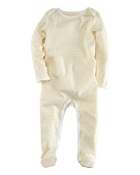 An essential long-sleeved footed coverall is rendered in soft, striped cotton jersey. An essential long-sleeved footed coverall is rendered in soft, striped cotton jersey.