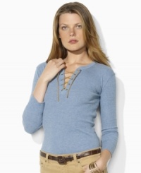 Lauren Jeans Co.'s fine-ribbed cotton tee is finished with chic three-quarter-length sleeves and a lace-up placket for a feminine look. Lauren Jeans Co.'s fine-ribbed cotton tee is finished with chic three-quarter-length sleeves and a lace-up placket for a feminine look.