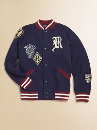 A traditional varsity jacket is accented with contrasting stripes, applied numbers and collegiate patches for a heritage look.Stand collarLong sleevesSnap-frontSide slash pocketsRibbed cuffs and hemCottonMachine washImported Please note: Number of snaps may vary depending on size ordered. A traditional varsity jacket is accented with contrasting stripes, applied numbers and collegiate patches for a heritage look.Stand collarLong sleevesSnap-frontSide slash pocketsRibbed cuffs and hemCottonMachine washImported Please note: Number of snaps may vary depending on size ordered.