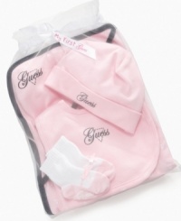 GUESS? has you covered with all the essential baby accessories for her including a hat, bib, hooded blanket and socks packed in a convenient mesh bag. GUESS? has you covered with all the essential baby accessories for her including a hat, bib, hooded blanket and socks packed in a convenient mesh bag.
