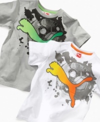 Kick it! This soft cotton t-shirt from Puma is perfect to wear when he's hanging with his friends. Kick it! This soft cotton t-shirt from Puma is perfect to wear when he's hanging with his friends.