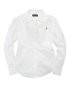 A preppy long-sleeved shirt in crisp cotton oxford is accented with a classic pintucked bib front.