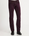 Rich, saturated beet color adds instant flare to this slim-straight fitting jean, crafted in hand-sanded denim for a soft finish. Five pocket styleFlocked and dyed interior front pockets and back yokeLogo detail at buttons, rivets and zipper tapeInseam, about 35CottonMachine washImportedWoven Exclusively For Robert Graham in Japan