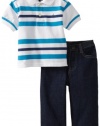 Nautica Sportswear Kids Baby-boys Infant Short Sleeve Striped Polo with Denim Pant, Sail White, 24 Months