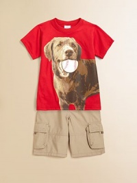 He'll be ready to play ball in this boyish baseball themed set consisting of a plush cotton tee and a pair of handsome cargo shorts. Tee CrewneckShort sleevesScreen printed baseball dogCottonImported of domestic fabric Shorts Elastic waistband with draw cord and cord lockTwo cargo pockets with flapTwo back flap pocketsTwo front side pockets70% cotton/30% nylonMachine washImportedAdditional InformationKid's Apparel Size Guide He'll be ready to play ball in this boyish baseball themed set consisting of a plush cotton tee and a pair of handsome cargo shorts. Tee CrewneckShort sleevesScreen printed baseball dogCottonImported of domestic fabric Shorts Elastic waistband with draw cord and cord lockTwo cargo pockets with flapTwo back flap pocketsTwo front side pockets70% cotton/30% nylonMachine washImportedAdditional InformationKid's Apparel Size Guide