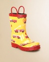 He'll love stomping in puddles when he pulls on these adorable rubber boots with a soft jersey lining, fire truck design and handles for easy on and off.Rubber upperCotton liningRubber soleImported