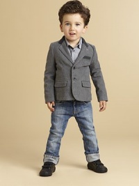 Soft cotton takes on a tailored, grown up silhouette in this handsome topper with jersey trim and logo detail.Notched collarLong sleeves with button cuffsSingle-breasted button frontWelt pocketFlap pocketsCottonDry cleanImported Please note: Number of buttons may vary depending on size ordered. Soft cotton takes on a tailored, grown up silhouette in this handsome topper with jersey trim and logo detail.Notched collarLong sleeves with button cuffsSingle-breasted button frontWelt pocketFlap pocketsCottonDry cleanImported Please note: Number of buttons may vary depending on size ordered.